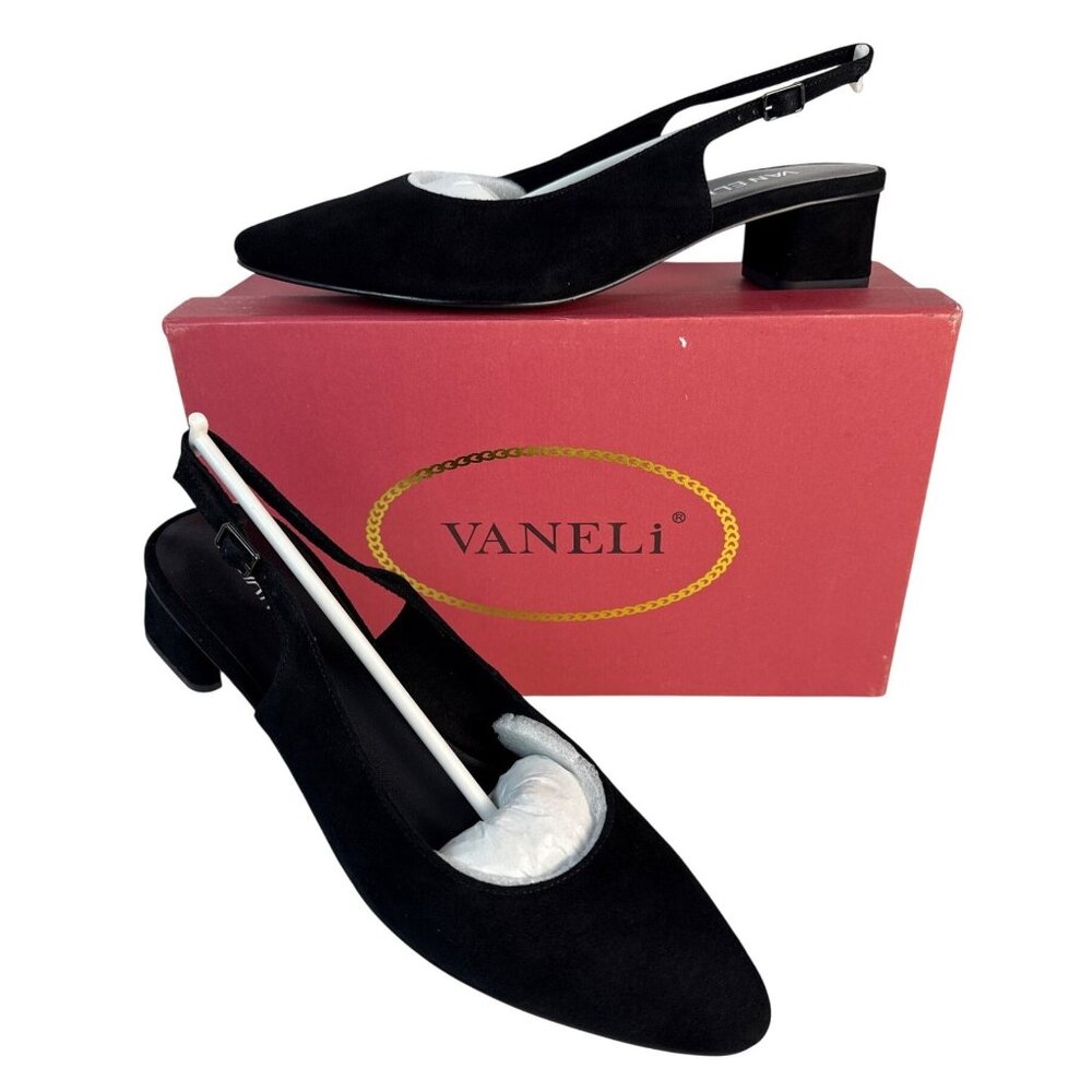 Vaneli Women's Liette Sling Back Pointed‎ Toe Black Suede Block Heel Size 8.5 M